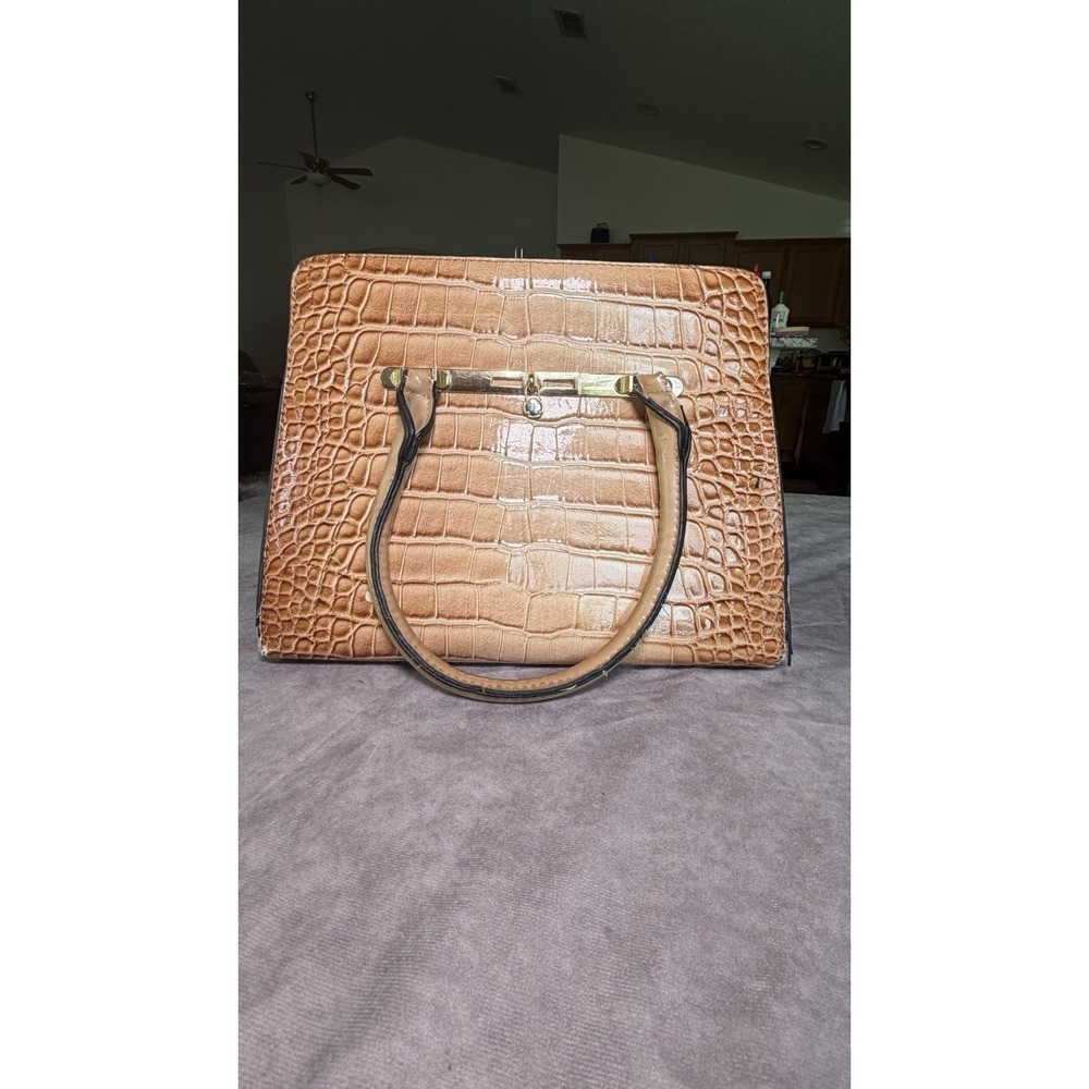 Brown Croc Embossed Structured Satchel Top Handle Handbag Purse Gold Hardware